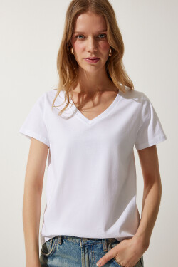 Happiness İstanbul Women's White Neck Basic Knitted T-Shirt
