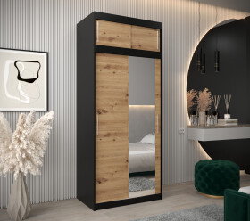Šatní skříň Abi T2 s nástavcem Barva korpusu: Černá, Rozměry: 100 cm, Dveře: Dub artisan