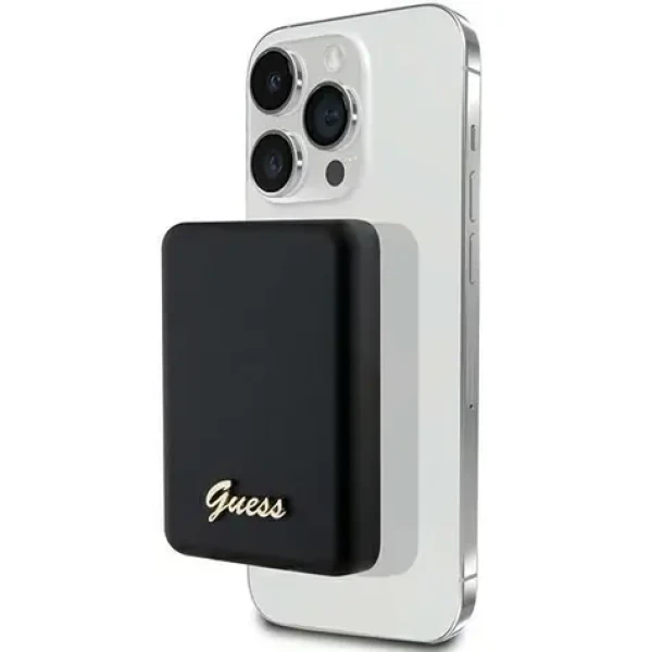 Guess Metal Script Logo MagSafe černá / Powerbanka / 3000 mAh / bezdrátové nabíjení 5W (GUPBM3ALGSGK)