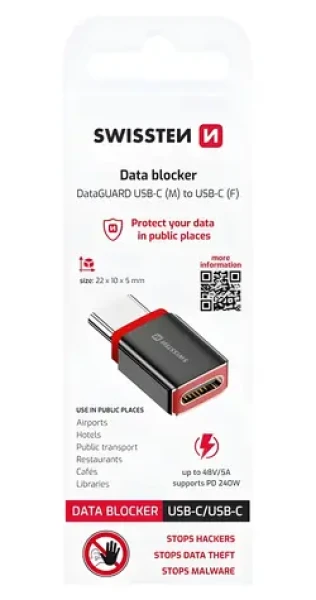 Swissten DataGUARD černá / Nabíjecí adaptér / USB-C na USB-C / blokace dat (73501220)