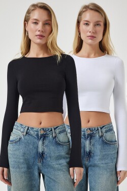 Happiness İstanbul Women's Black and White Crew Neck Basic 2-Pack Crop Knitted Blouse