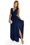 SUSAN Tmavě modré dlouhé brokátové dámské šaty výstřihem prošitím pase 490-1