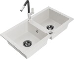 MEXEN/S - Mario granitový dřez 2-bowl včetně baterie Flora, bílá 6504-20-670401-07-B