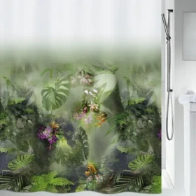 SPIRELLA Sprchový závěs JUNGLE bílo-zelený / motiv džungle / 180 x 200 cm / polyester