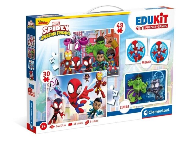 Edukit Spidey a jeho úžasní přátelé 4v1 (pexeso, 48 + 30 puzzle, 6 kostek)