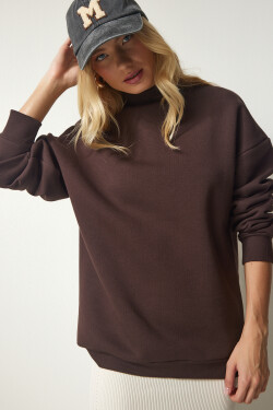 Happiness İstanbul Women's Brown High Neck Basic Raised Sweatshirt