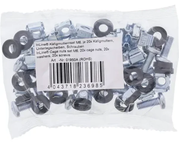InLine Montážní sada M6 20 ks / Montážní sada do racku / klecové matice a šrouby / 16 mm / kov, plast (01950A)