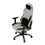 Herní křeslo, stříbrná látka, houpací mechanismus, polohování opěradla 90°-180°, 3D područky, polštáře z paměťové pěny,