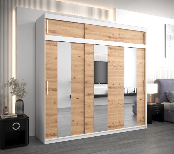 Šatní skříň Abi Po s nástavcem Barva korpusu: Bílá, Rozměry: 250 cm, Dveře: Dub artisan
