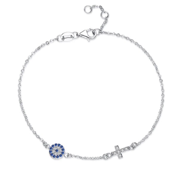 Stříbrný náramek Evil Eye, stříbro 925/1000, amulet Nazar a kříž, Stříbrná Nastavitelná