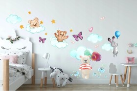 DumDekorace Nadčasová dětská nálepka na zeď s medvídkem a zajíčky 100 x 200 cm