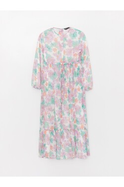 LC Waikiki Dámské šaty s kulatým výstřihem květinové šaty s dlouhým rukávem