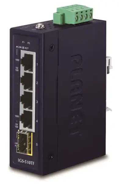Planet IGS-510TF / Switch průmyslový / 4x 1000Base-T RJ-45 / 1x SFP / -40 až 75°C / 9-48VDC / dual power (IGS-510TF)