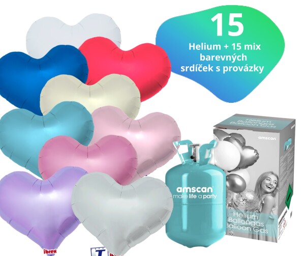Helium set - helium a balónky IBREX srdce mix barev 15 ks - Balonky.cz Helium set - helium a balónky IBREX srdce mix barev 15 ks - Balonky.cz