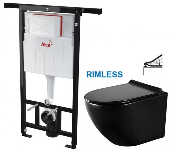 ALCA Předstěnový instalační systém bez tlačítka + WC MEXEN LENA ČERNÁ Rimless + SEDÁTKO AM102/1120 X ME01