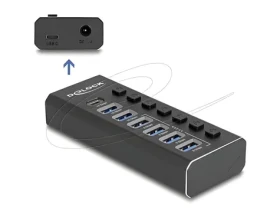DeLock 7portový USB hub černá / USB hub / 4× USB-A 5 Gbps + 2× USB-A 10 Gbps + USB-C 10 Gbps / kovové tělo / AC adaptér (64326)