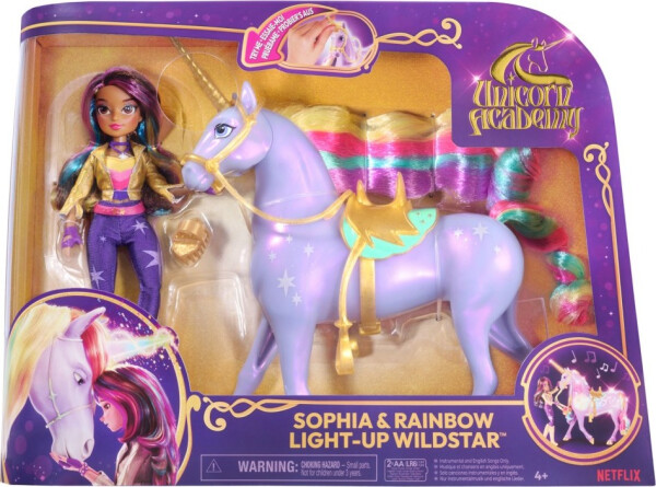 Unicorn academy světelný jednorožec Wildstar 28 cm s panenkou Sophií 24 cm - Spin Master Unicorn Academy
