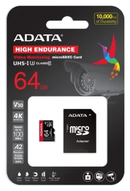 ADATA High Endurance / Micro SDXC karta / 64 GB / UHS-I U3 / Class 10 / čtení 100 MB/s / zápis 80 MB/s / + adaptér (AUSDX64GUI3V30SHA2-RA1)