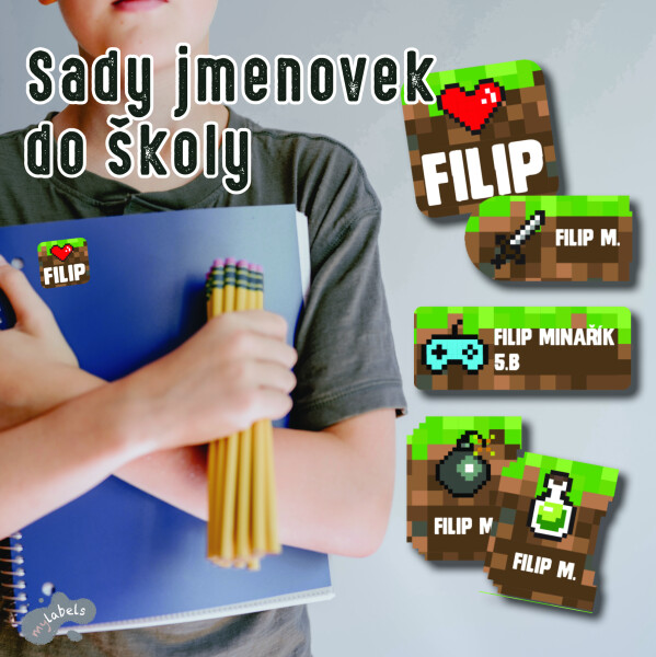 Jmenovky pro děti PIXELART sada jmenovek (40ks), do školy do školky, štítky na oblečení, na školní potřeby