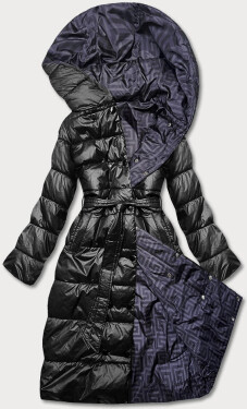 Černou oboustranná dlouhá bunda s kapucí (p22-6638-1) odstíny fialové 54