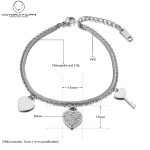 Ocelový náramek Leah - srdce, klíč, Stříbrná 16 cm + 4 cm (prodloužení)