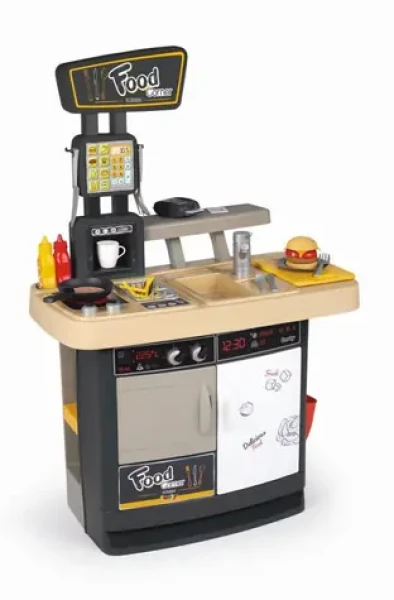 Smoby Food Corner oboustranná restaurace s kuchyňkou s terminálem a dávkovačem nápojů 29 doplňků