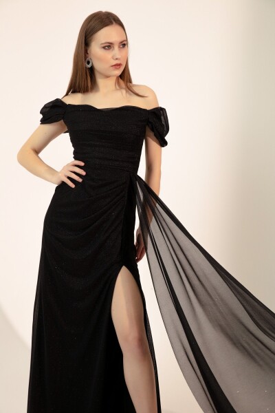 Lafaba Women's Black Boat Neck Draped Slit Long Silvery Evening Dress