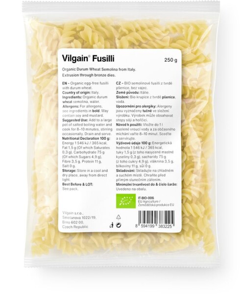 Vilgain Fusilli těstoviny BIO 250