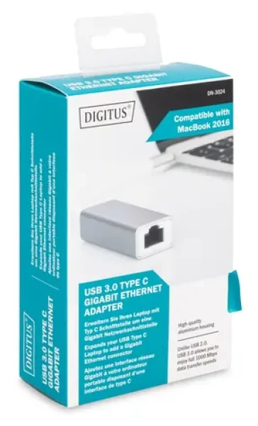 Digitus DN-3024 bílá / Síťový adaptér / USB-C 3.2 Gen 1 / RJ45 Gigabit Ethernet / 10/100/1000 Mbps (DN-3024)