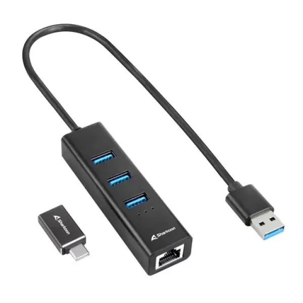 Sharkoon 3-Port USB 3.2 Gen 1 Alu Hub + Ethernet černá / 3x USB-A 3.2 / 1x RJ-45 (4044951037575)