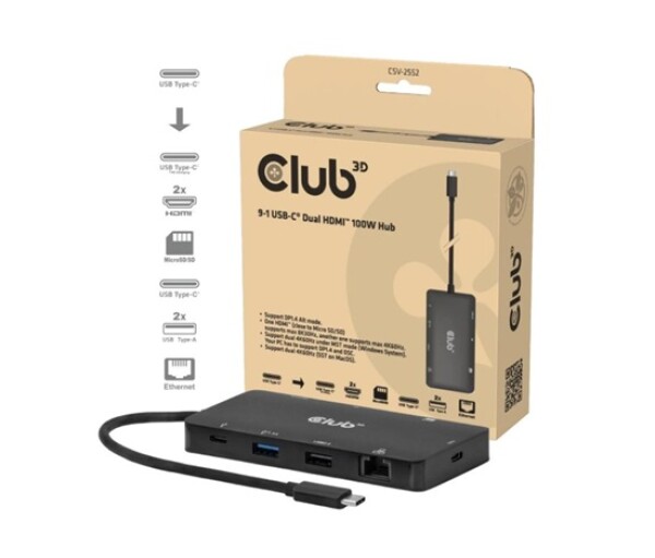 Club3D Dokovací stanice USB-C 9v1, 2xHDMI, 1xUSB-C, 1xUSB-C PD, 2xUSB, 1xRJ45, microSD/SD, černá EDF_795315