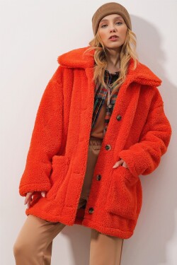 Trend Alaçatı Stili Dámský oranžový kabát s polokošilovým límcem a dvojitými kapsami