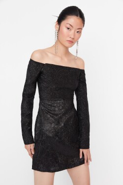Trendyol černý límec detailní žakárové večerní šaty