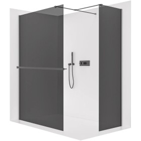 CERANO Sprchová zástěna Walk-in Onyx T L/P - 8 mm - hranatá vzpěra + polička/držák na ručníky - černá matná, grafitové sklo - 150x90x200 cm