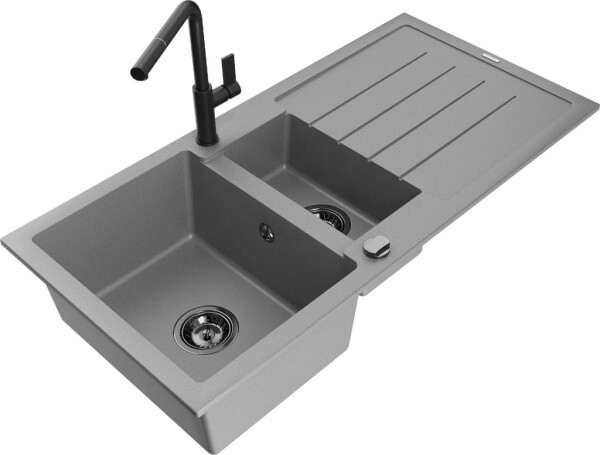 MEXEN - Andres granitový dřez s odkapávačem včetně baterie Flora, šedá 6515-71-670401-70-B