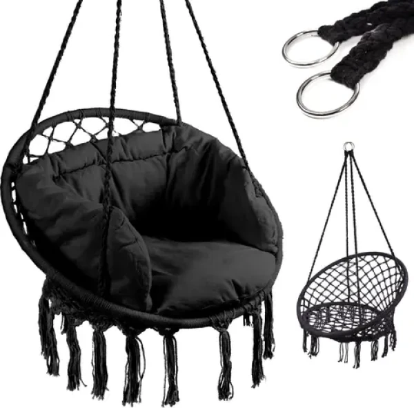 KIK Závěsné houpací křeslo LUARO černé / s polštářem / nosnost do 150 kg / průměr sedáku 62 cm (KX7630_1)