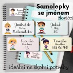 Jmenovky na sešity ČLOVÍČCI, voděodolné, vlastní text, 45x20 mm (24ks), různé motivy