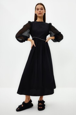 Trendyol Černý rukáv Šifón Pas Pearl Detailní večerní šaty