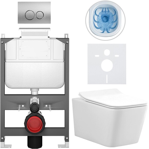 CERANO - Kompletní WC set Basic/Forte - bílá lesklá - WC tlačítko Dualo/Stříbrná - ovládání shora - předstěnová instalace - 51x36 CER-8050BD86115