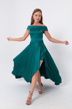 Lafaba Women's Emerald Green Boat Neck Satin Evening Dress Prom Dress