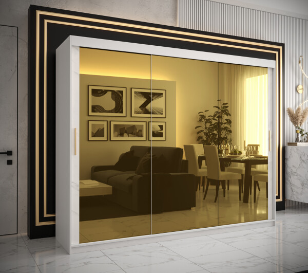Šatní skříň Abi Golden T3 Barva korpusu: Bílá, Rozměry: 250 cm, Dveře: Bílý mramor se zlatým zrcadlem