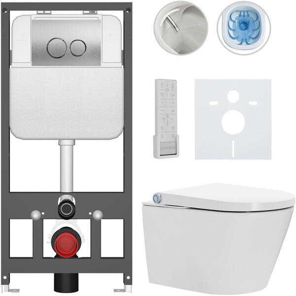 CERANO Závěsné WC s bidetem Basic/Cronus Premium - bílá lesklá - WC tlačítko Dualo/Stříbrná - závěsné - předstěnová instalace - 59,3x38,4 cm