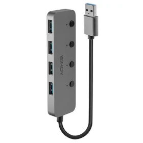 Lindy USB hub 4 porty šedá / USB hub / vypínače portů / USB 3.0 / 5 Gb/s / hliníkové tělo (43309)