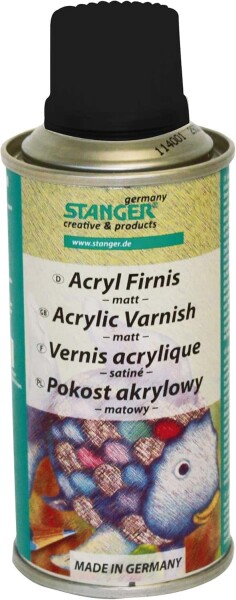 Stanger akrylový lak ve spreji 150 ml – hedvábně lesklý KW: transparentní akrylový lak sprej, hedvábný lesk, lak na kamínky, fixace akrylu, dřevo kov sklo kámen karton