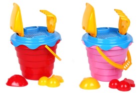 Teddies Sada na písek plast kbelík se sítkem 15x13cm, lopatka, hrabičky, 2 bábovky 4 barvy v síťce