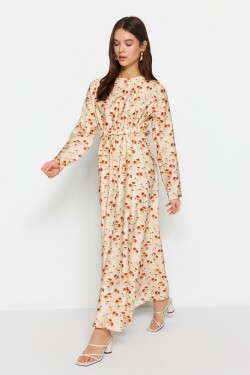 Trendyol béžové tkané šaty s květinovým potiskem s detailem pasu