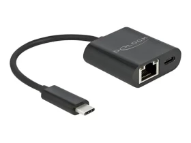 DeLock USB-C adaptér Gigabit LAN černá / Adaptér / 10/100/1000 Mbps / USB PD 60W (66644)