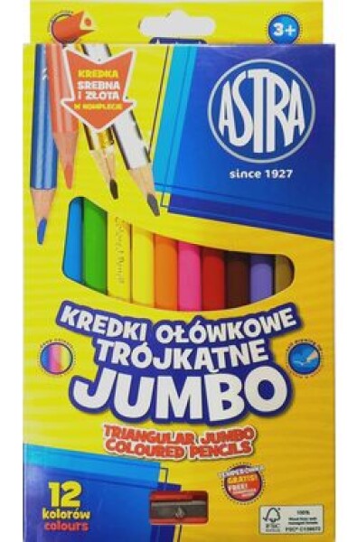 ASTRA Trojhranné pastelky 12ks Jumbo s ořezávátkem (včetně zlaté a stříbrné barvy) (158483)