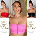 Sexy Koucla Latexový vzhled bandeau topu se zipem NEONPINK S