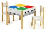 ECOTOYS Dětský dřevěný stůl s hrací deskou a dvěma židličkami / Dětský nábytek / Masivní borovice / 60,5x60,5x50 cm (XKF002)